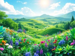 Peisaj verde cu cer albastru, simbolizând sustenabilitatea.