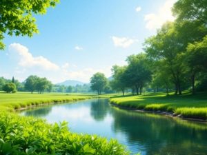 Peisaj natural cu verdeață și apă limpede.