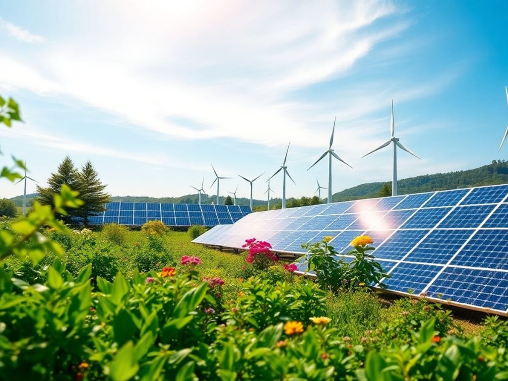 Peisaj verde cu panouri solare si turbine eoliene