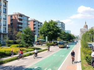 Oraș verde cu piste pentru biciclete și transport ecologic.