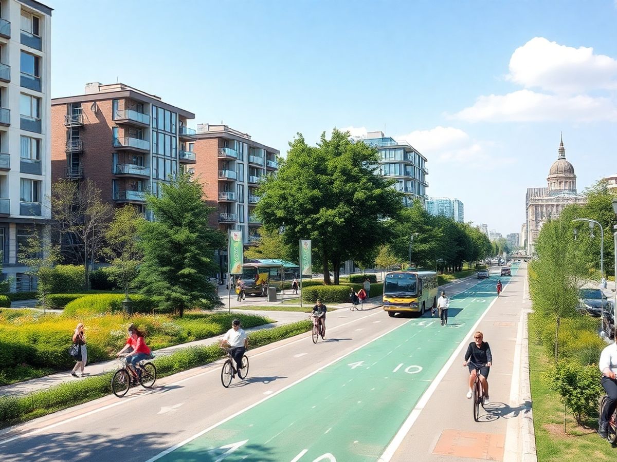 Oraș verde cu piste pentru biciclete și transport ecologic.