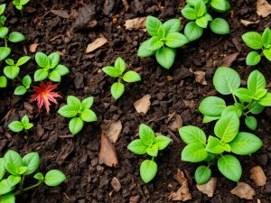 Grădină vibrantă cu plante sănătoase și compost bogat.