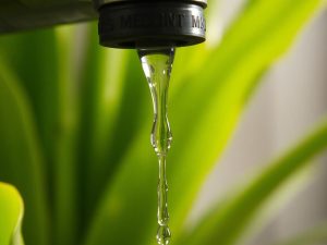 Robinet care picură apă, plantă verde în fundal.