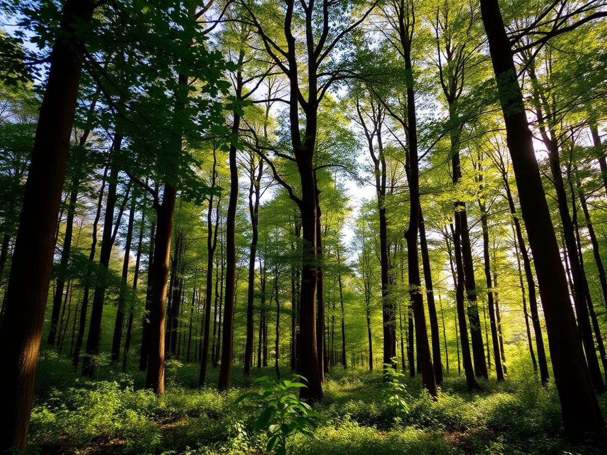 Pădure verde din România, copaci înalți și lumină naturală.