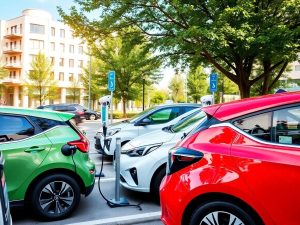 Autovehicule electrice la încărcare într-un peisaj urban.