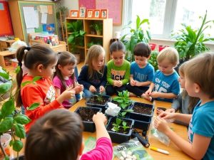 Copii plantează flori și discută despre mediu.