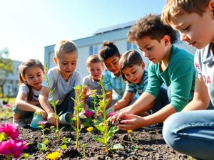 Elevi plantând flori și copaci mici în curtea școlii ecologice.