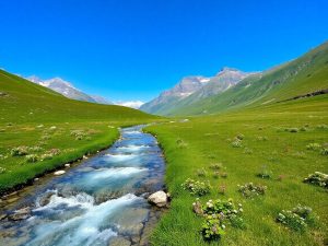 Munți verzi, râu limpede, flori sălbatice, cer senin.