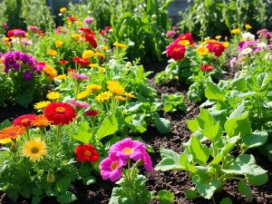 Grădină ecologică vibrantă cu flori și legume proaspete.