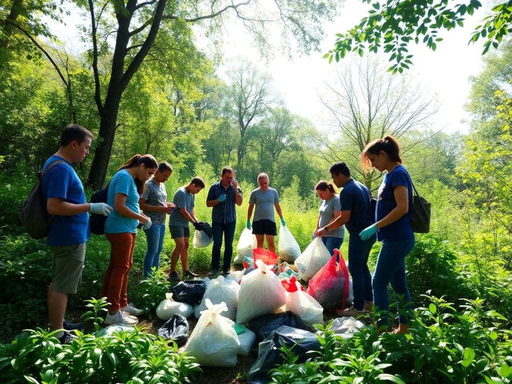 Voluntari strâng gunoaie în natură.