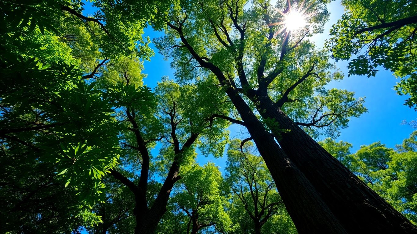 Pădure verde luxuriantă sub cerul albastru.