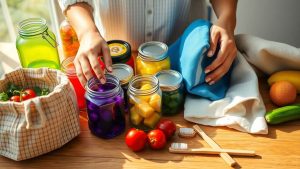 Mâini sortând produse reutilizabile, fără plastic.