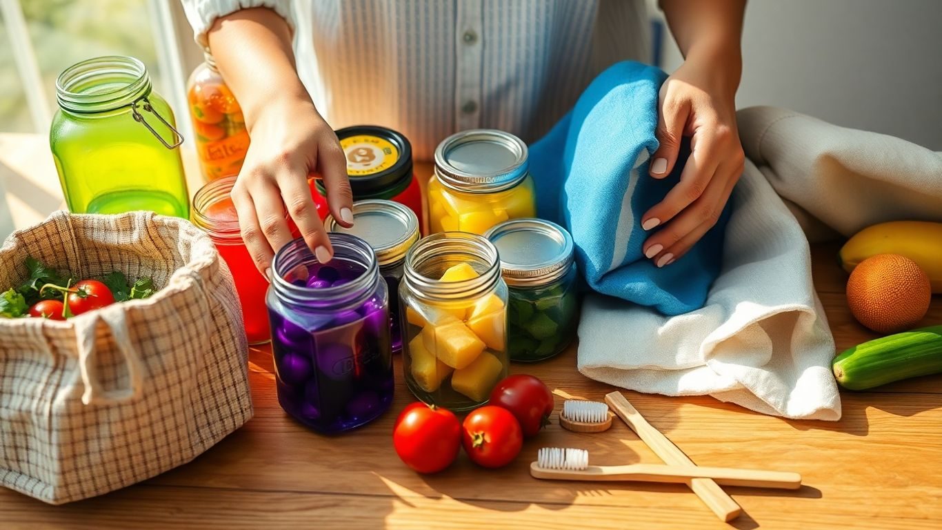 Mâini sortând produse reutilizabile, fără plastic.