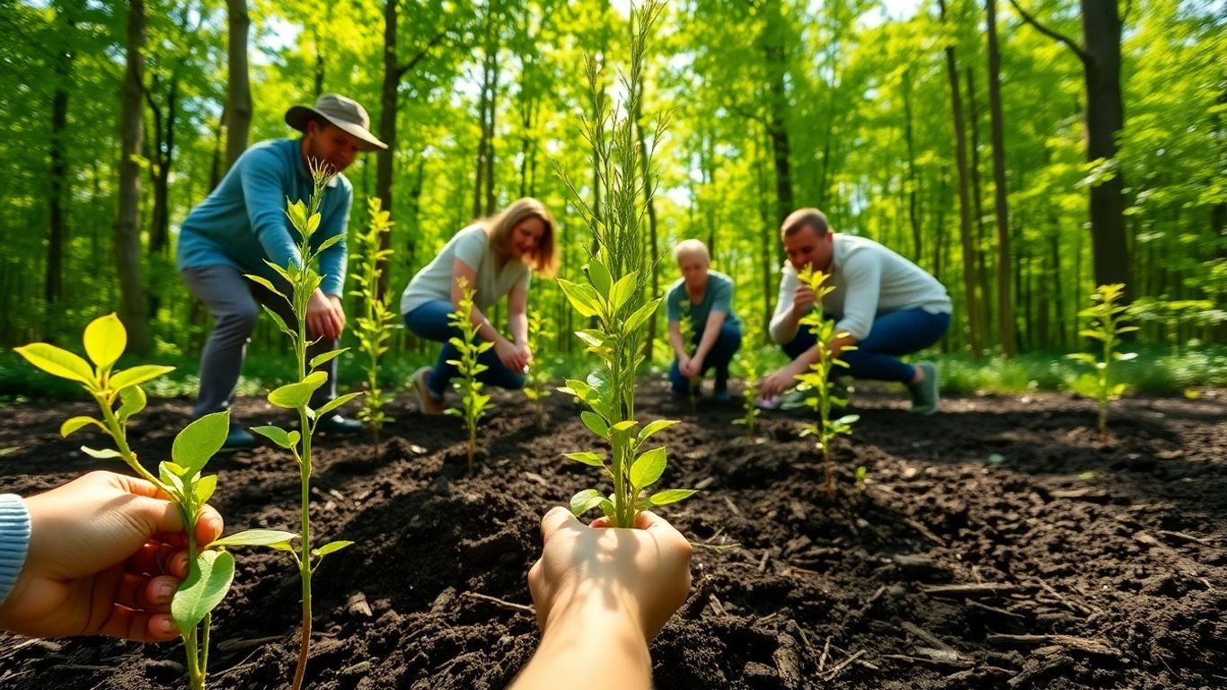 Oameni plantând copaci tineri într-o pădure însorită.