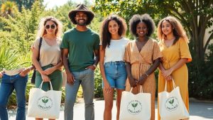 Oameni poartă haine ecologice și stau într-un parc verde.