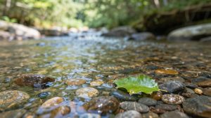 Apă curată curgând printr-o pădure verde.